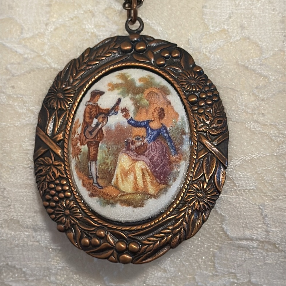 Vintage Necklace Victorian Courting Couple Scene Pendant Filigree Genuine Copper